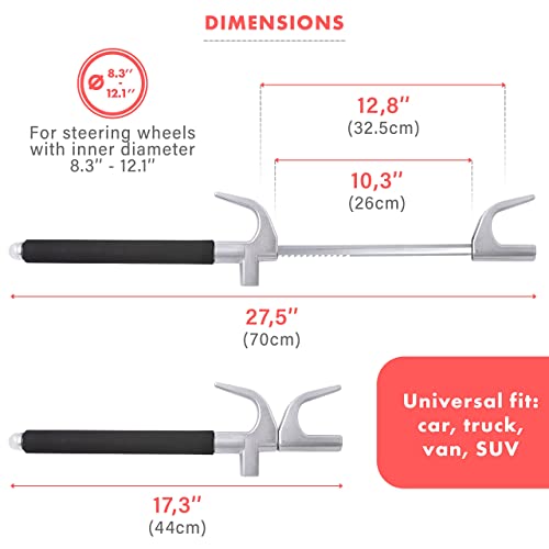 Vaygway Universal Car Steering Wheel Lock –Vehicle Adjustable Anti-Theft Length Clamp Double Hook Retractable Steering Lock Device With Escape Hammer Window Breaker & 3 Keys, For Auto, Truck, Van, Suv #TOP5