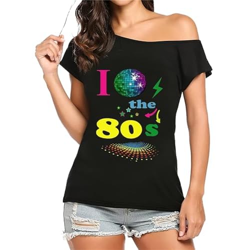 Fashion Sports Dude Camiseta con Estampado I Love 80s Globe para Mujer, Camiseta Sexy Retro para Despedida de Soltera, Disfraz de los años 80 y 90 (FR/ES, Números, 44, 46, Regular, Regular, Black)