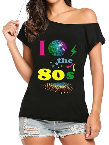 Fashion Sports Dude T-shirt de mulher I Love The 80s com bola de disco, estilo retro vintage para festas temáticas, disfarces e eventos, anos 80, tamanhos 36 a 54, Preto