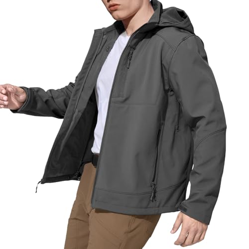 Image of Men's Military Tactical SoftShell Jacket Fleece Lined | Lightweight,Waterproof,Windproof,Multi-pockets,Adjustable Hood for Work,Hiking,Snow,Ski