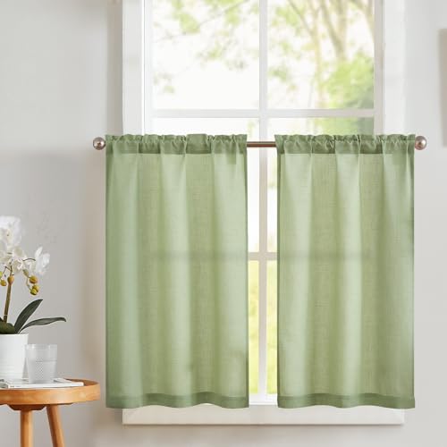 Vangao Scheibengardinen Modern Küche Grün Bistrogardine 2er Set 65Bx60Hcm Küchengardinen mit Stangendurchzug für Wohnwagen Landhausstil Bauernhaus Gardinen Leinenoptik kurz Lichtdurchlässig