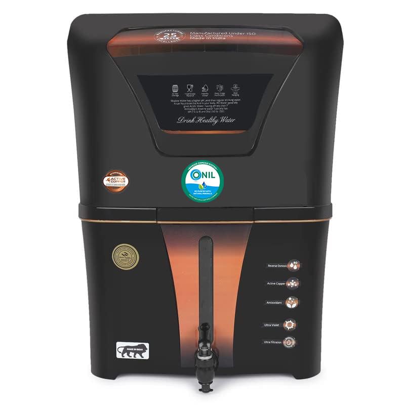 ONIL Copper + Alkaline RO+UV+UF+TDS ADJUSTER with 12 Liter Tank capacity Water Purifier with pure Copper Charge Technology black colour Best For Home and Office uses (12LPH-COPPER+ALKALINE)