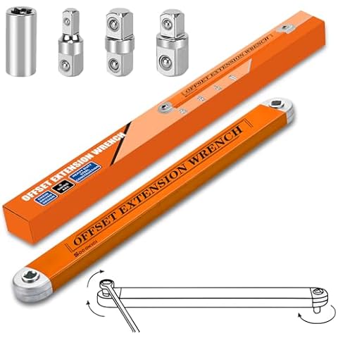 Offset Extension Wrench, 15-Inch Offset Impact-Ready Socket Wrench Tool with 1/2", 1/4" and 3/8" Square Drive Adapters, Zero Degree Ratchet Tool for Car, Orange Cover