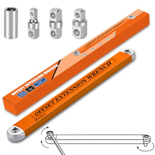 Image of Offset Extension Wrench, 15-Inch Offset Impact-Ready Socket Wrench Tool with 1 /2 inch, 1 /4 inch and 3 /8 inch Square Drive Adapters, Zero Degree Ratchet Tool for Car, Orange