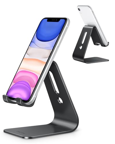 OMOTON Upgraded Aluminum Cell Phone Stand, C1 Durable Cellphone Dock with Protective Pads, Smart Stand Designed for iPhone 17 Air, 16/15/14/13 Pro Max XR XS, iPad mini, Android Phones, Black