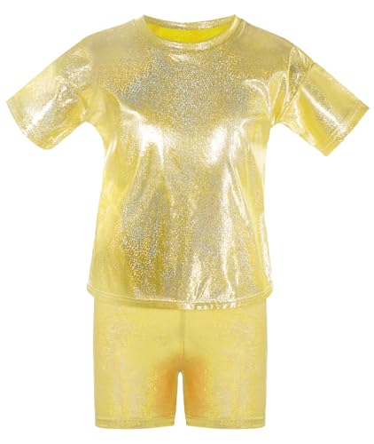 SEAUR Kids Girls Metallic Shirt with Shiny Shorts Hip Hop Tops Sequin T Shirts Modern Jazz Dance Party Costume 2 Pieces Gold 3-4Y