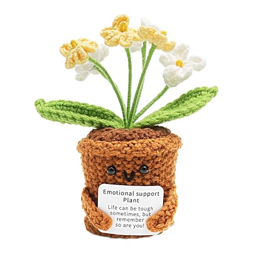 VOSSOT Flor Tejida nomeolvides Regalo, Planta Positiva Hecha a Mano con 6 Cabezas y Tarjeta, Mini Maceta Decorativa para Profesora, Amiga, Escritorio o estantería