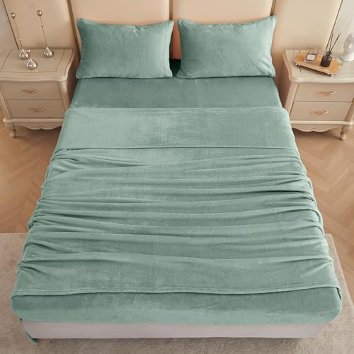 Image of Viviland Plush Microfleece Full Bed Sheet Set, Sage Green | Soft Flannel-like Fleece, 100% Polyester, Fluffy Velvety Feel, 200GSM, 15 inch Deep Pocket, Warm Winter Gift & Decor