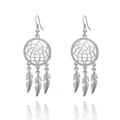 Boucles d'oreilles attrape-rêves ethniques avec crochet et feuilles creuses