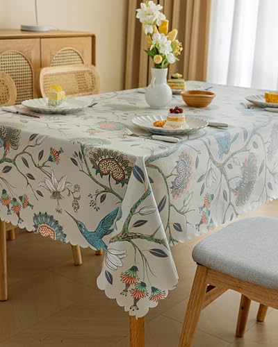 LIVETTY Wipe Clean Table Cloth Fabric Table Cloth Wipeable Rectangle Table 135x185cm, Waterproof Oil-Proof Coating, Washable Fabric Table Cover for Picnic Kitchen and Dining Room(Bird & Flowers)