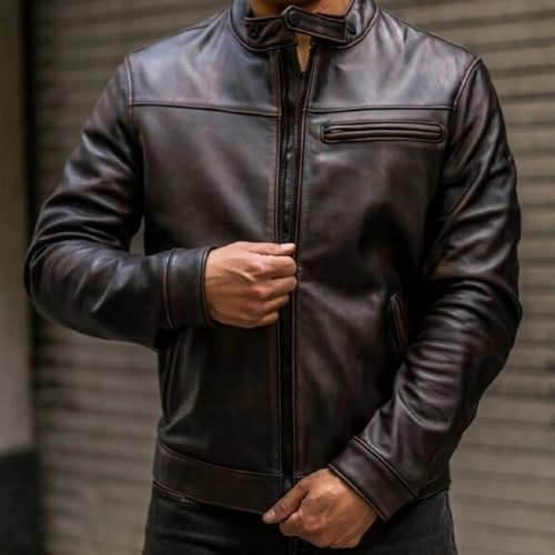 Café Racer Lambskin Leather Jacket Men Round Collar Men's Casual Real Leather Motorcycle Biker Jacket3