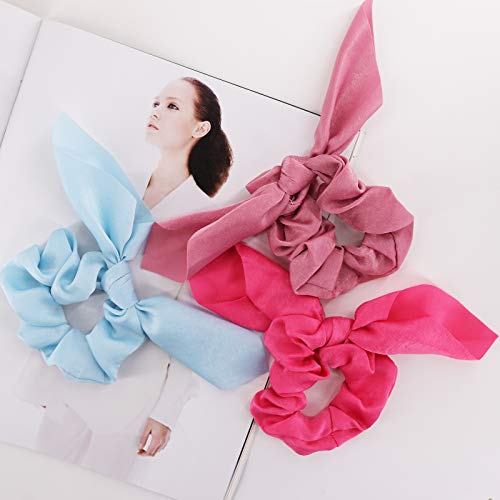 Bow Scrunchies For Long Hair - 8 Pcs Chiffon Satin Scrunchies Silk With Bow Scarf, Solid Stripe Flower Color Bow Scrunchies, Ponytail Holder With Tail, Rabbit Bunny Ear Bowknot Hair Accessories (A2) - Thumbnail 6