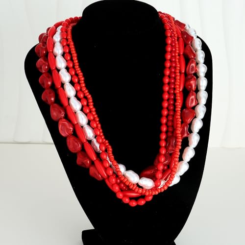 WOWORAMA Layered Choker Collar Necklace for Women Red Coral Beads Multi-Layer Statement Necklace Adjustable Chunky Layered Acrylic Choker Necklaces Trendy Jewelry