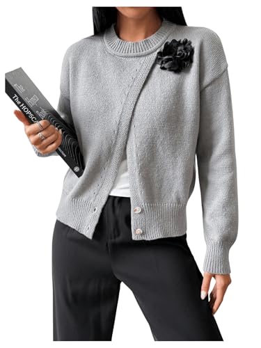 MakeMeChic Women's Wrap Cardigan Sweater Flower Button Down Pullovers Tops