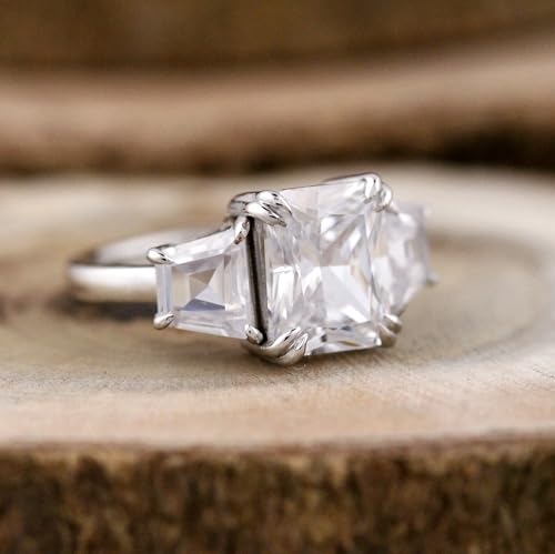 Radiant Cut Diamond 3 Stone Engagement Ring Side Stone Trapezoids and Radiant Wedding Ring 14K White Gold Plated Gifted Ring.size 3-12 (USA)4