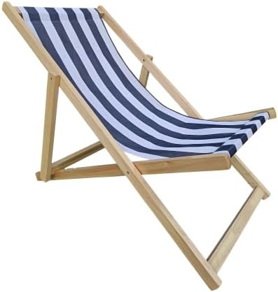 Blue Stripe Broad Design Populus Wood Folding Chaise Lounge, Sling Chair for Stylish and Functional Outdoor Furniture