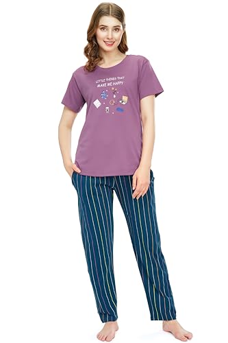 Image of ZEYO Night Suit for Women's Stripe Printed Cotton Night Dress of Top and Pajama Set 5769