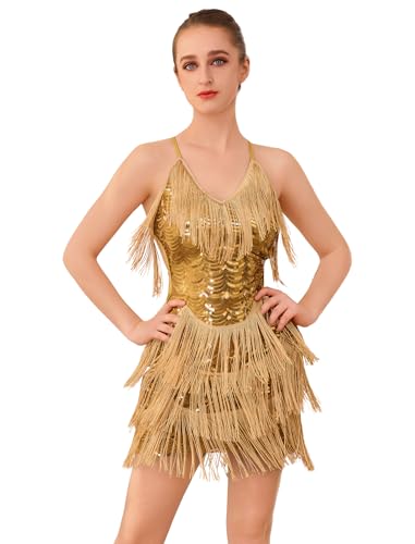 Sequin Fringe Dress for Women Sparkly Latin Dance Costume 1920s Tassel Flapper Dress Sexy Backless Roaring 20s Great Gatsby Party Salsa Tango Dancewear Competition Cha Cha Dancer Outfits Gold XS