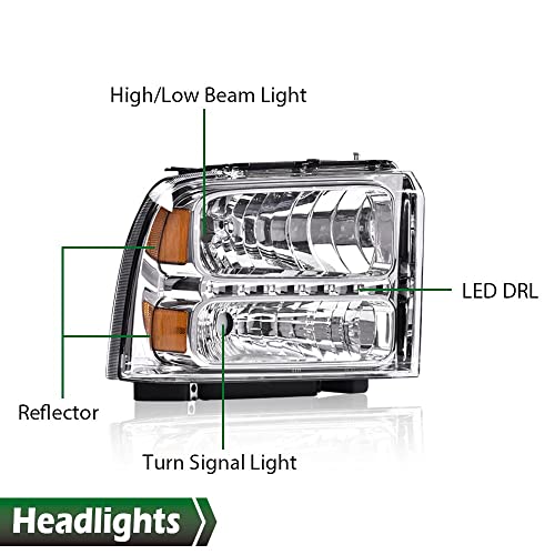 Image of GRAND ORANGE LED DRL Headlights Assembly, Compatible with 2005 2006 2007 Ford F250 F350 F450 F550 Super Duty bumper Headlamp, Amber Corner Headlight(Clear lens Chrome Housing Amber Reflector)