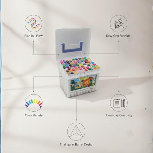Image of JOUET Two Nib Marker Set, Double-Ended Markers with 1mm and 0.7mm Tips, 60 Vibrant Colors, Washable Ink, Triangular Barrel Design, Child-Safe and Non-Toxic, Ergonomic for Kids