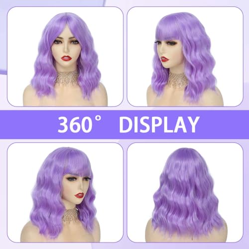 Image of Pastel Purple Wavy Bob Wig for Women, Short Shoulder Length Synthetic Wig with Bangs, Natural Looking Lightweight Hairpiece for Daily Wear & Cosplay Costume Party