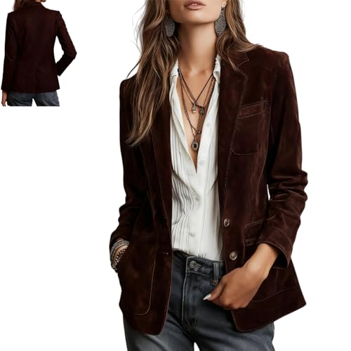 Blazer de cuero para mujer, estilo vintage, de ante sintético, con costuras de contraste, ecológicas, para trabajo, casual, para otoño, marrón, XS