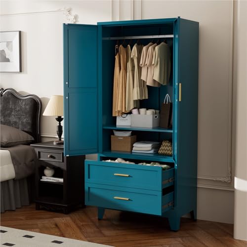 Image of Blue Metal Wardrobe Closet, Armoire Wardrobe with Two Drawers Clothes Cabinet for Bedroom, 71 inch Tall Farmhouse Steel Armoire Closet with Drawers and 2 Doors Clothing Storage Cabinet with Hanging Rod