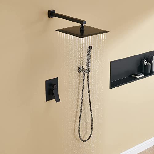 Image of Rain Shower System 12 Inches Shower Combo Set Oil Rubbed Bronze Wall Mount Faucet Bathroom Faucets with Rainfall Shower Head and Hand Shower