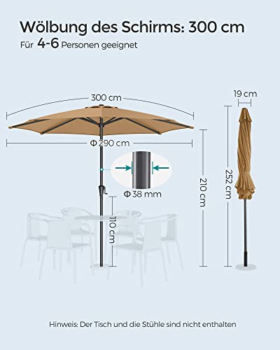 SONGMICS Sonnenschirm 300 cm, UPF 50+, Strandschirm, beidseitig um 30° knickbar, Sonnenschutz, mit Kurbel zum Öffnen/Schließen, für Terrasse, Balkon, Pool, ohne Ständer, taupe GPU30BRV1