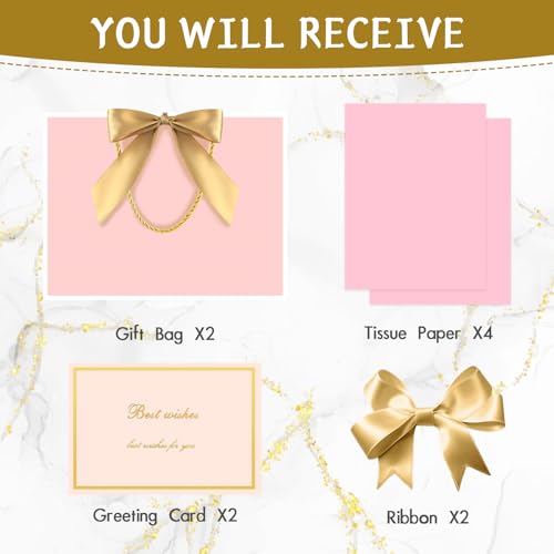 Image of JMANNI Gift Bags with Handles, 11 inch Small Gift Bag for Presents, 2 Pcs Bags with 4 Tissue Paper and 2 Cards for Baby Shower Wedding Bridal Shower Mother's Day Birthday Party (Pink-White)