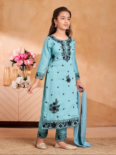 Image of Aarika Girls Ethnic Wear Sea Green Colour Thread Sequin Embroidery Kurti Pant Set With Dupatta