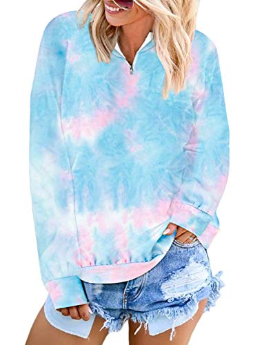 luvamia Women Casual Tie Dye Zip Sweatshirts Long Sleeve Lightweight Pullover Shirts Tops Blue Size Medium
