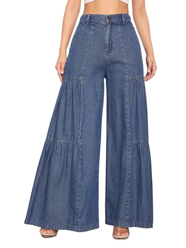 Image of Sassafras Women's Flared Washed Gathered Front - Casual Streetwear Denim Wide Leg Jeans