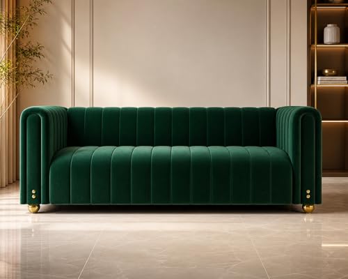 Modern 3 Seater Green Fabric Sofa for Living Room, Soft Cushioned...