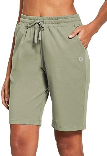 BALEAF Women's 10" Bermuda Shorts Long Cotton Casual Summer Knee Length Pull On Lounge Walking Exercise Shorts with Pockets Spray Green Size S
