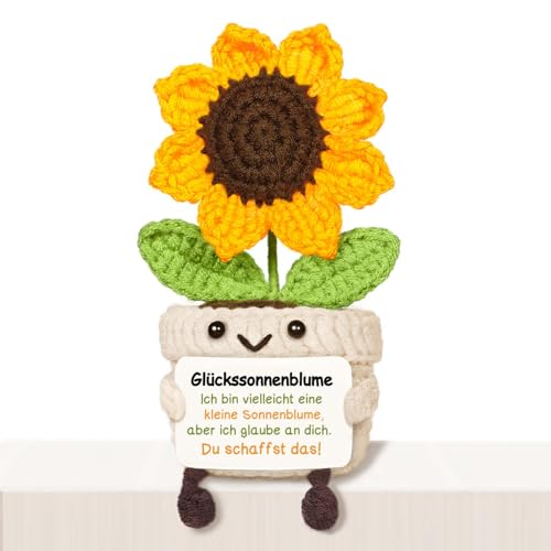 Giftasy Glücksbringer - Handgestrickte Glückssonnenblume mit Energiekarte, Du schaffst das Geschenk, Geschenke zur Einschulung, Mutmacher Geschenk, Positive Hug, Motivationsgeschenk