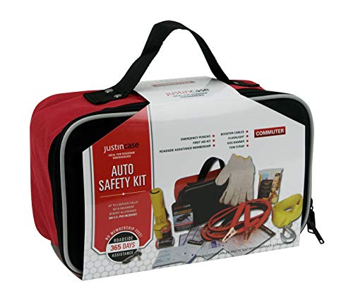 Justin Case Commuter Car Emergency Kit with 365 days of Roadside Assistance – Roadside Emergency Kit with Booster Cables, Tow Strap, First Aid Kit, Flashlight, Rain Poncho, Gloves