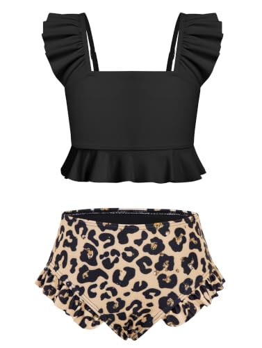 XiaoMoSha Girls Two Piece Swimsuits Ruffled Kids Bikini Sets Adjustable Straps Cute Bathing Suits for Tween Beach Swimwear Size 9 10 9-10 Leopard
