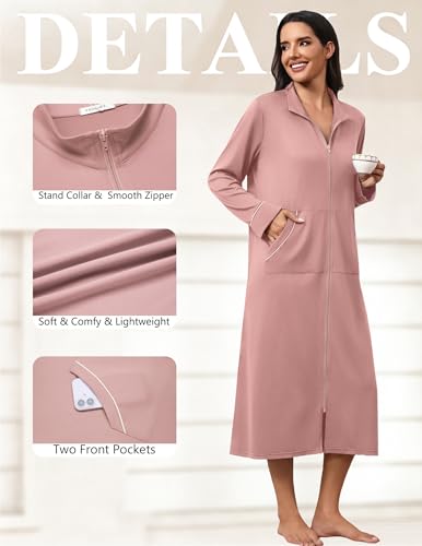 Image of Ekouaer Zipper Robes for Women Long Sleeve Lightweight House Coats with Pockets Zip Up Bathrobe Loungewear S-3XL
