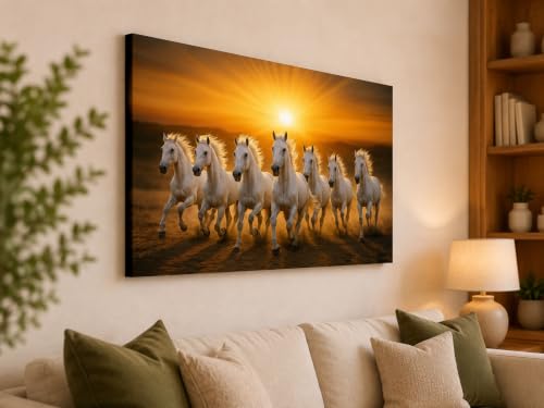 Image of 7 Horse Vastu Sunrise Canvas Painting | Positive Energy Wall Decor | Big Size Premium Running Horses Artwork for Home, Office & Hall Decoration (Modern, Sun White Horse, 26x18 Inch)