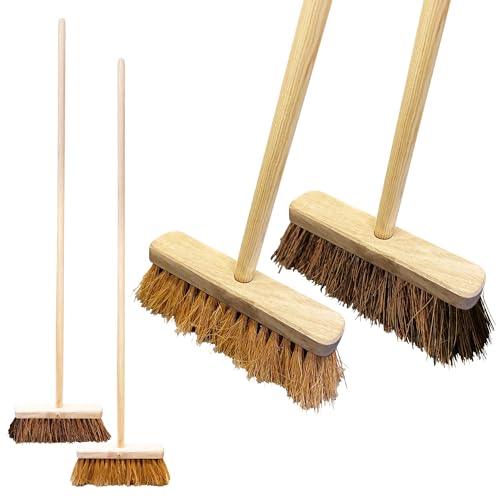TWIN PACK OF TRADITIONAL WOODEN SWEEPING BRUSHES - STIFF OUTDOOR YARD SWEEPING BRUSH AND SOFT COCO BROOM WITH HANDLES - 10 WIDE