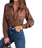 Women Solid Blouse Lapel Long Sleeve Single Breasted Casual Shirt Fashion Tunic Top Coffee