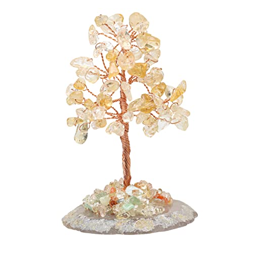 Halukakah Cristal Árbol Afortunado Feng Shui Citrino Auténtico Piedras Preciosas Árbol de la Vida Envuelto a Mano Cobre Ramas de Alambre Ágata Base Cuenco de Canto Bendecido 10cm Alto