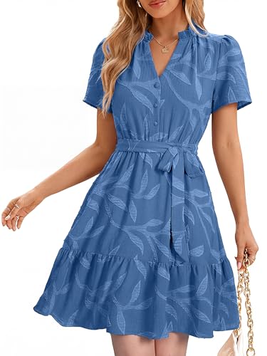 Image of Simplee Womens Summer Dresses 2026 Casual Short Sleeve V Neck Empire Waist Belted A Line Flowy Cute Dress Blue,L
