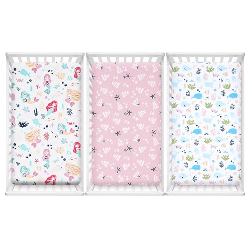 Image of PHF 3 Pack Soft Mermaid Crib Sheets Fitted, Silky Comfy Breathable Baby Sheets for Boys Girls Neutral, 28x52 Inches Fits Standard Crib and Toddler Mattresses, Mermaid