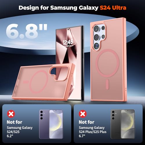 Image of SUPFINE Magnetic for Samsung Galaxy S24 Ultra Case with Screen Protector, (Built-in Magnets) (Military Grade Drop Protection) Slim Translucent Shockproof Phone Case,Light Pink