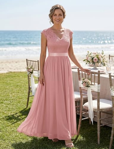 Image of Dressystar Women's V Neck Sleeveless Lace Bridesmaid Dress Wedding Party Gown