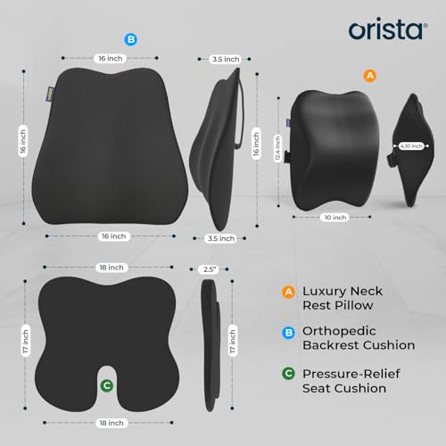 Image of Orista Car Seat Cushion Combo | Neck, Back & Sciatica Relief | High-Density Memory Foam Set for Driving, Office Chair & Gaming | Universal Fit, Black
