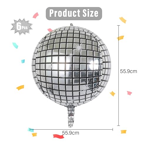 Image of 6-Pack 22 Inch Silver 4D Disco Ball Balloons - Decorations for 90s Dancing Queen Party