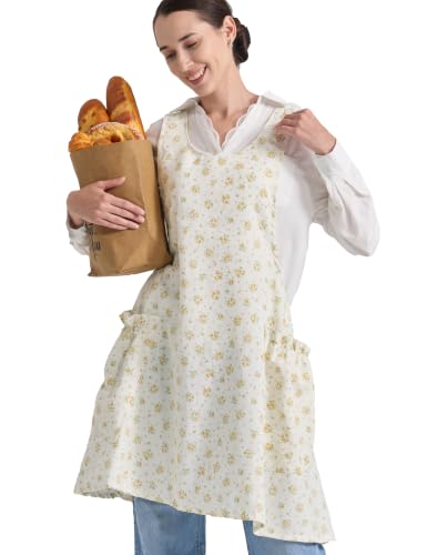 Image of Cozy Adjustable Cross Back Aprons for Women with Pockets Cotton Linen Cooking Kitchen Baking